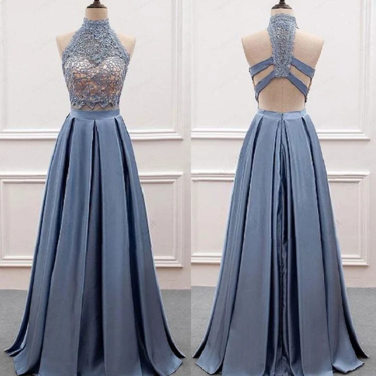 Robe de bal à col licou en dentelle deux pièces bleu poussiéreux | Robes de graduation pour la 8e année