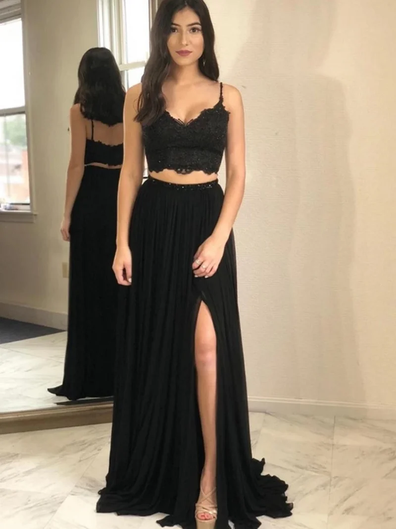 Robe de bal noire deux pièces en dentelle avec fente | Robes de soirée avec fentes