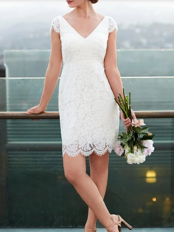 Robe de mariée courte à manches courtes et dentelle décontractée, robe de mariée courte simple