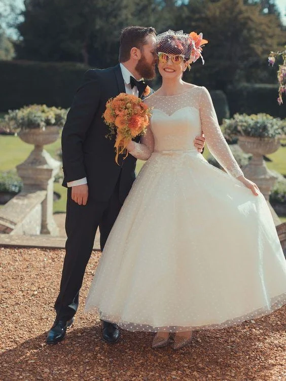 Robe de mariée Vintage à manches longues en dentelle à pois, Style années 50, longueur thé, robe de mariée courte de campagne