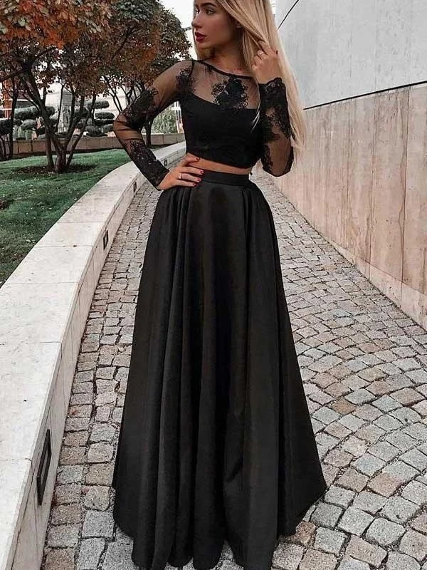 Robe formelle de bal deux pièces en dentelle à manches longues et à la mode noire