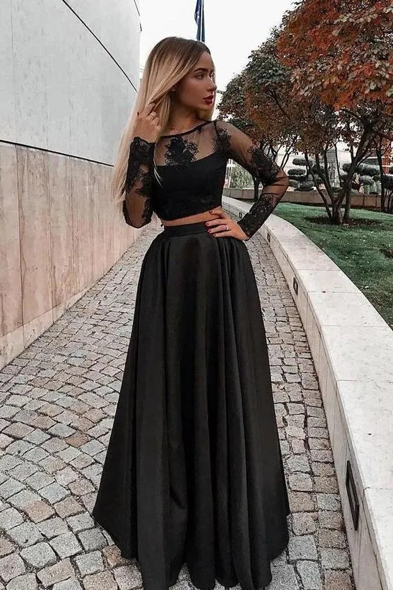 Robe formelle de bal deux pièces en dentelle à manches longues et à la mode noire