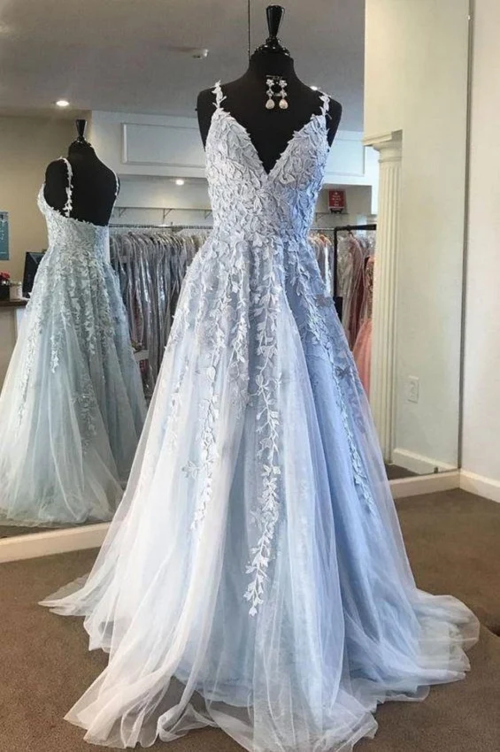 Fée Bleu Clair Dentelle Appliques Tulle A-ligne Longue Robe De Bal