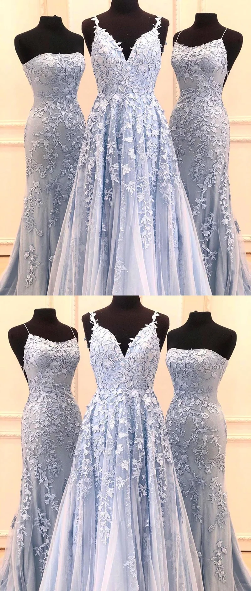 Fée Bleu Clair Dentelle Appliques Tulle A-ligne Longue Robe De Bal