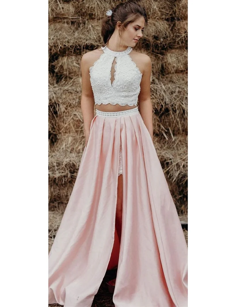Robe de bal longue en dentelle deux pièces de couleur contrastée, tendance, avec fente latérale et poches, 20081909