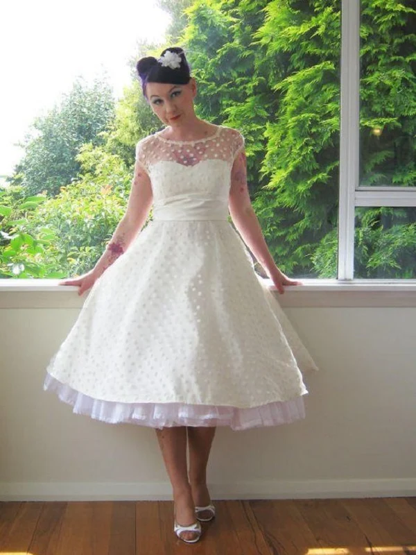 Robe de mariée à pois style années 1950, longueur thé, manches courtes