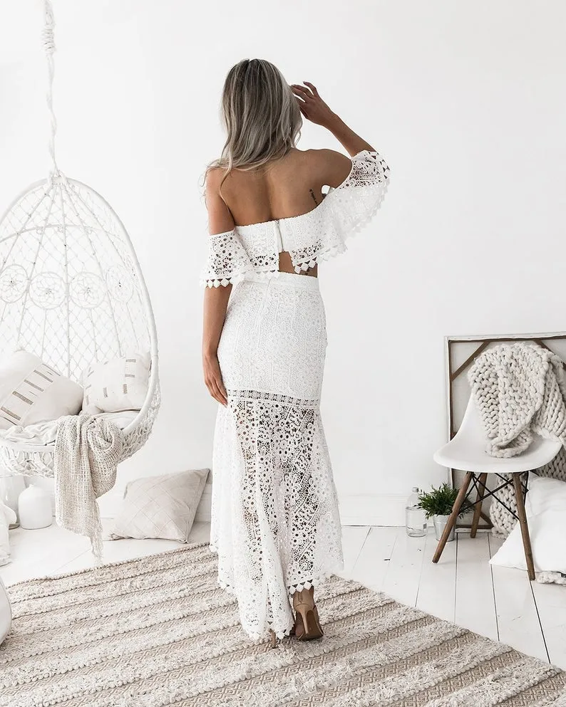 Ensembles de mariée deux pièces Boho en dentelle en ligne | Robe de mariée à haut court