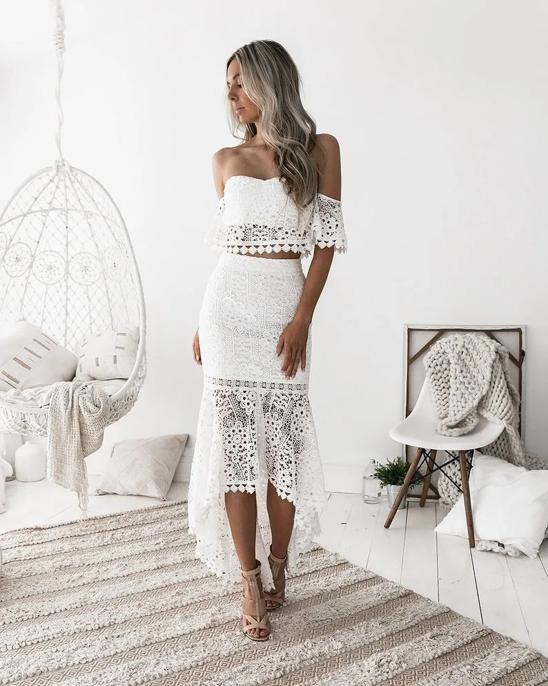 Ensembles de mariée deux pièces Boho en dentelle en ligne | Robe de mariée à haut court