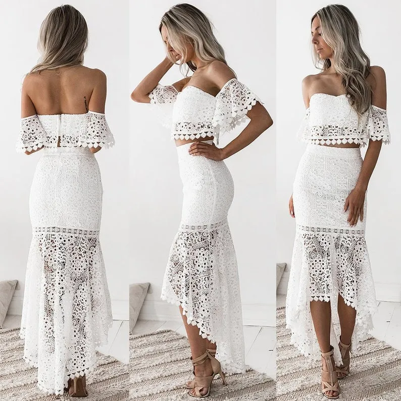Ensembles de mariée deux pièces Boho en dentelle en ligne | Robe de mariée à haut court