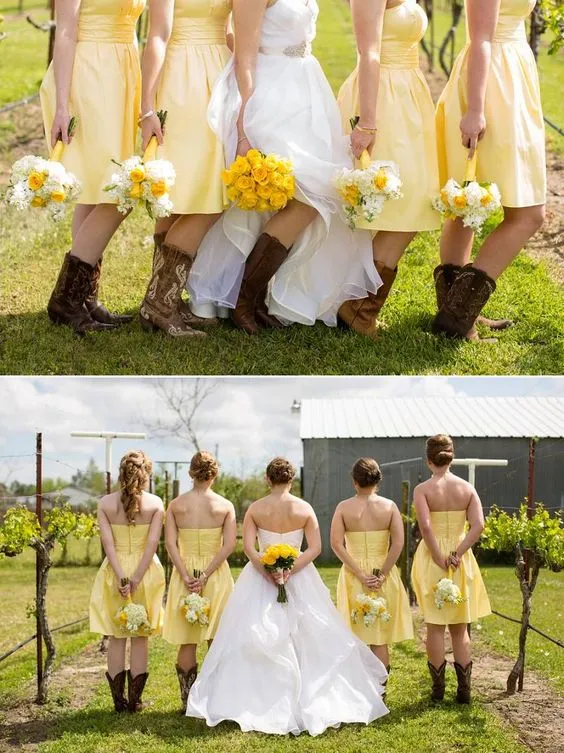 Robes de demoiselle d'honneur courtes sans bretelles de style campagnard jaune avec des bottes