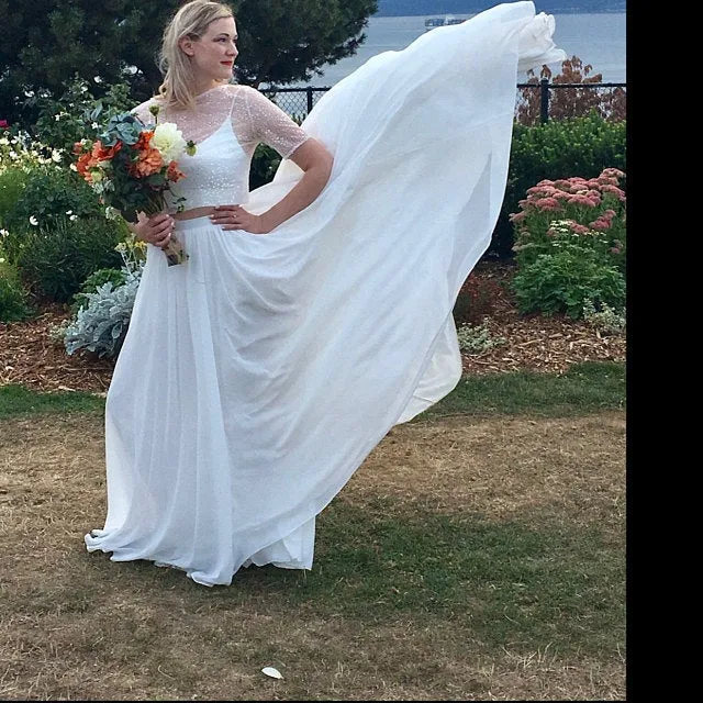 Jupe fluide en mousseline de soie, séparations de mariée à manches deux pièces | Robe de mariée bohème décontractée deux pièces
