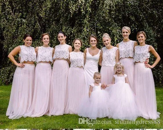 Robe de demoiselle d'honneur deux pièces rose, haut en dentelle, jupe en Tulle, tendance, 20081821