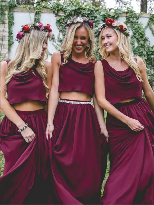 Robes de demoiselle d'honneur en mousseline de soie deux pièces fluides Boho bordeaux