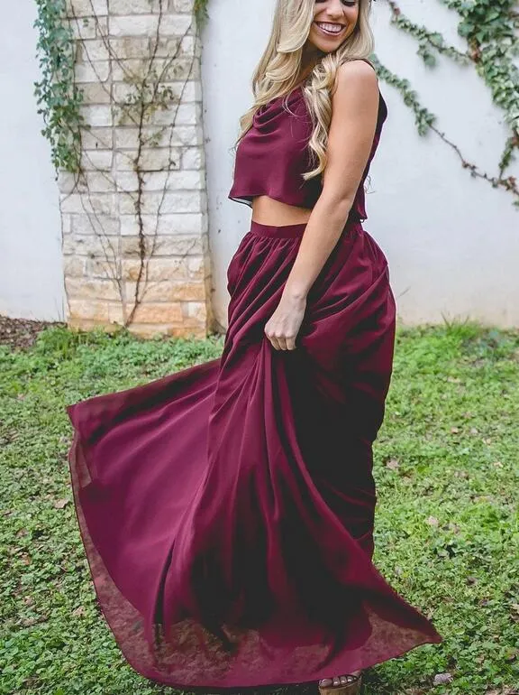 Robes de demoiselle d'honneur en mousseline de soie deux pièces fluides Boho bordeaux