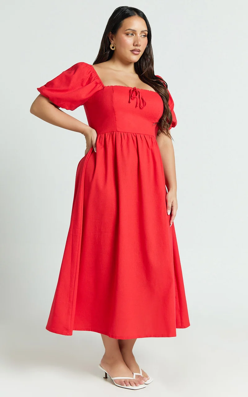 Quinn Midi Linen Blend Dress - Puff Sleeve Square Neck Dress in Red
