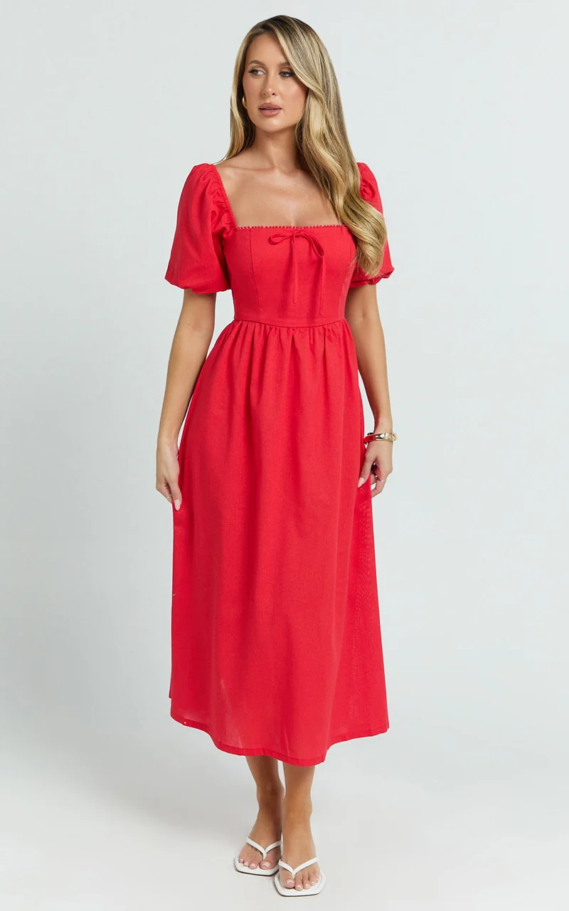 Quinn Midi Linen Blend Dress - Puff Sleeve Square Neck Dress in Red