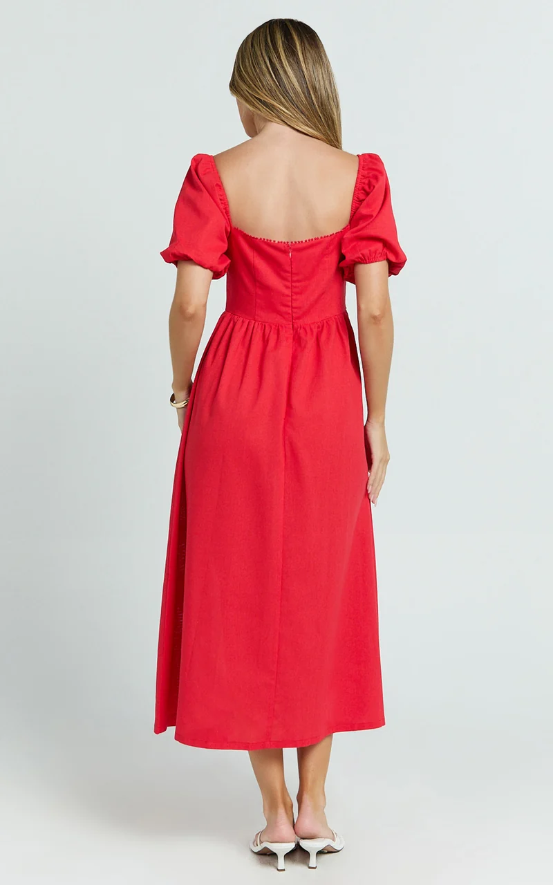 Quinn Midi Linen Blend Dress - Puff Sleeve Square Neck Dress in Red