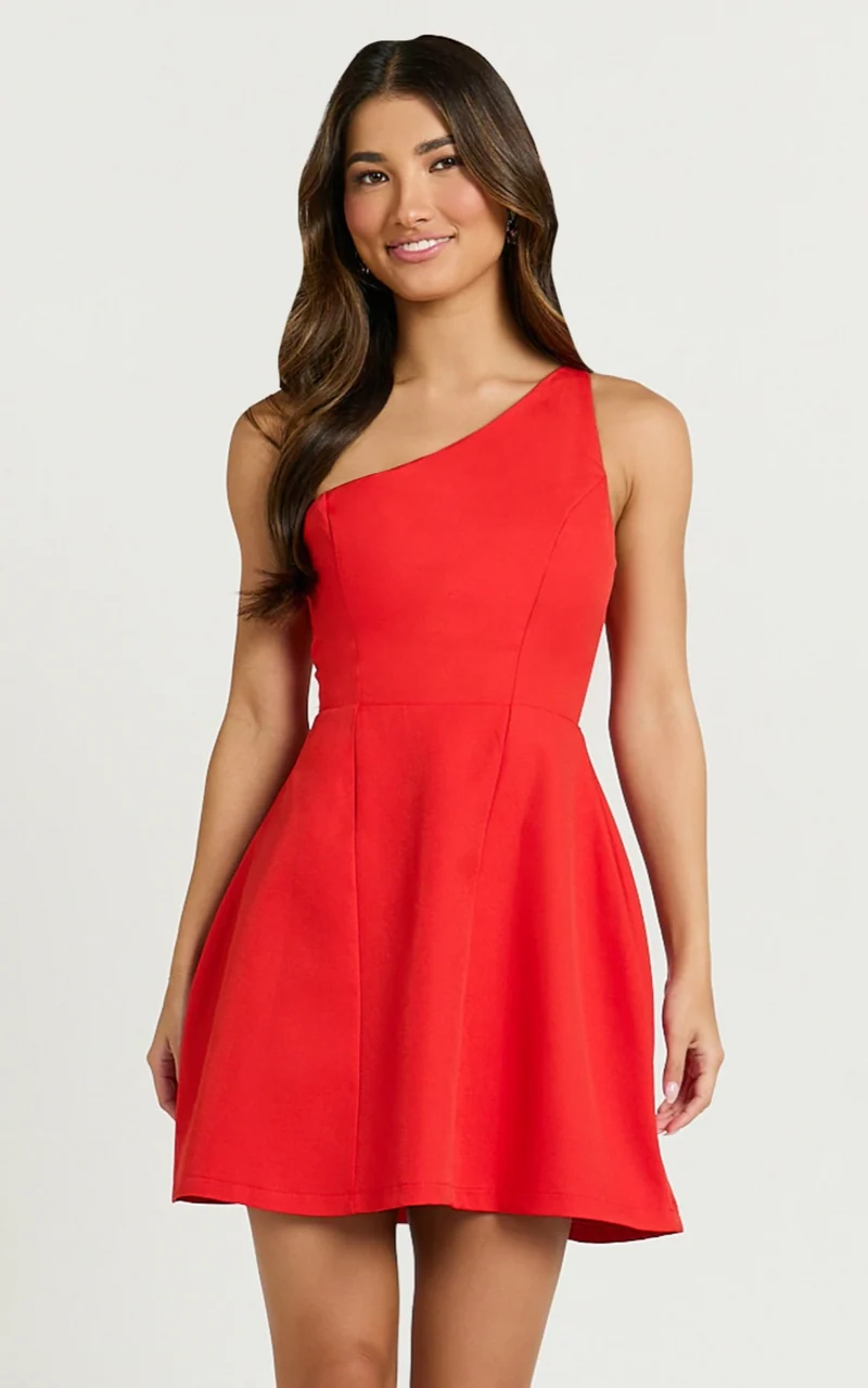 Carley Mini Dress - One Shoulder Tulip Hem Dress in Red