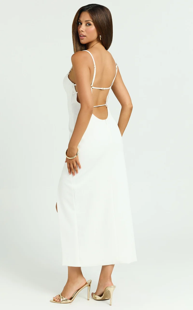 Tasha Midi Dress - Strappy Back Straight Neck Fitted Dress in White