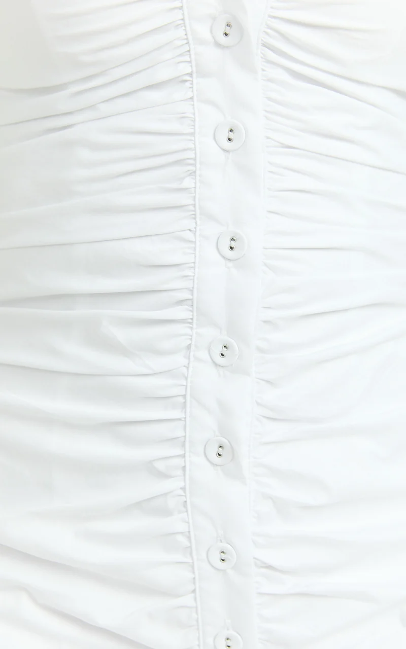 Mya Mini Dress - Scoop Neck Ruched Button Front Puff Sleeve Dress in White