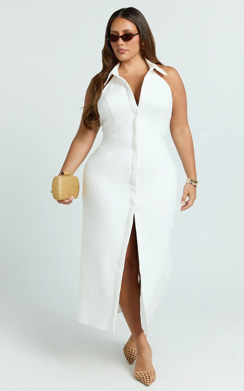 Lillibelle Midi Dress - Collared Button Down Bodycon Dress in Off White