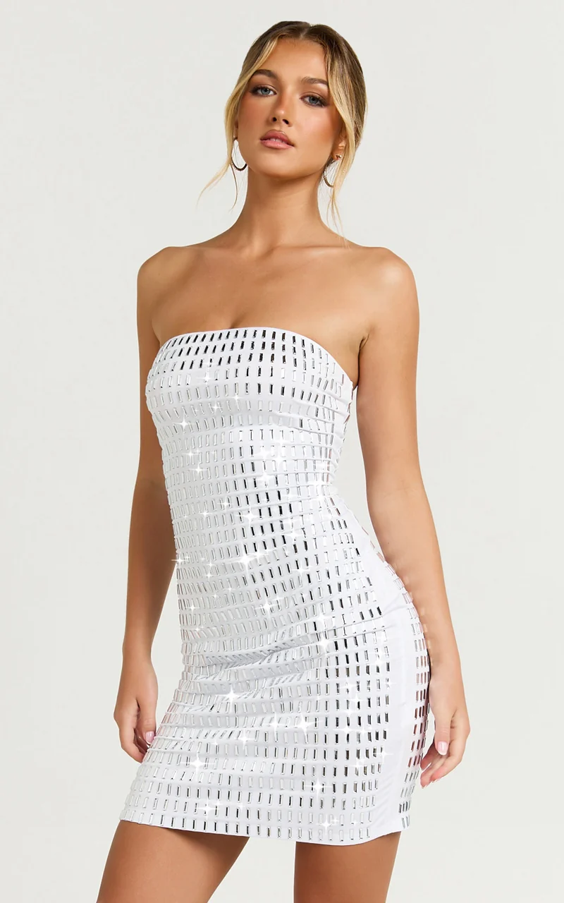 Joyce Mini Dress - Heat Press Strapless Dress in Silver