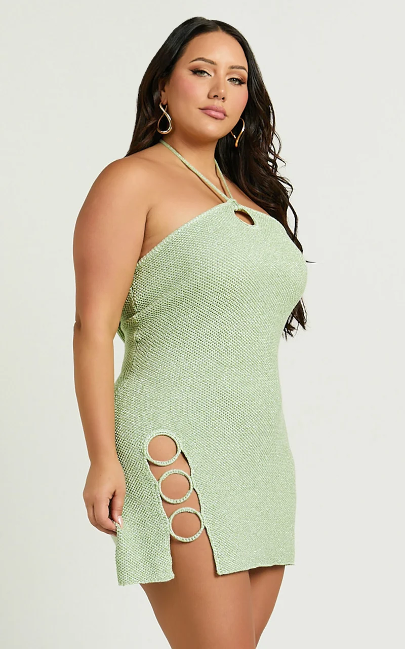 Amalie The Label - Merida Halter Knit Side Split Mini Dress in Green