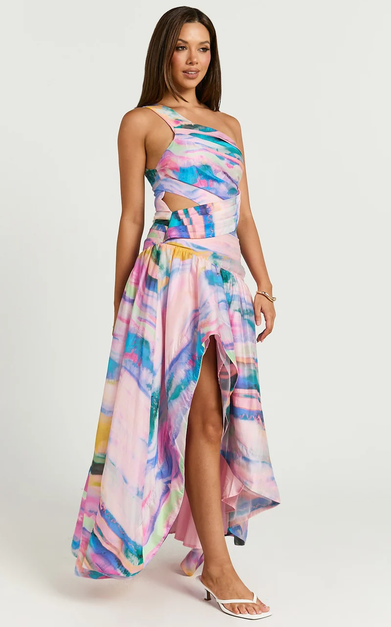Amalie The Label - Keziah One Shoulder Asymmetric Maxi Dress in Abstract Sunset Print