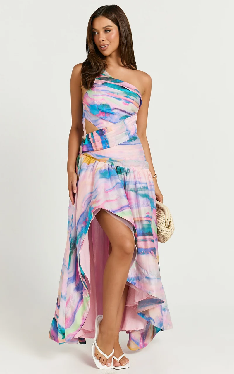 Amalie The Label - Keziah One Shoulder Asymmetric Maxi Dress in Abstract Sunset Print