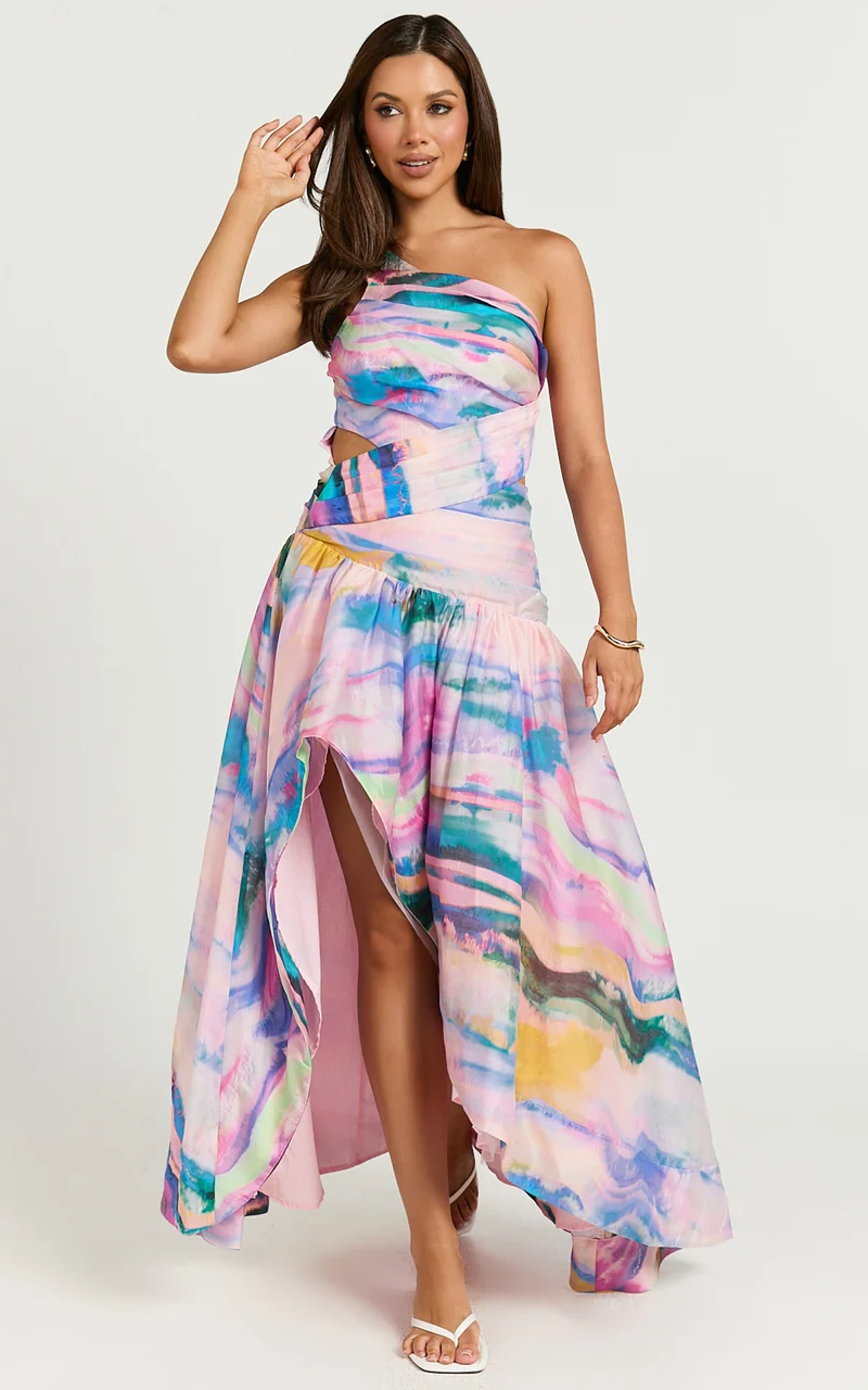 Amalie The Label - Keziah One Shoulder Asymmetric Maxi Dress in Abstract Sunset Print