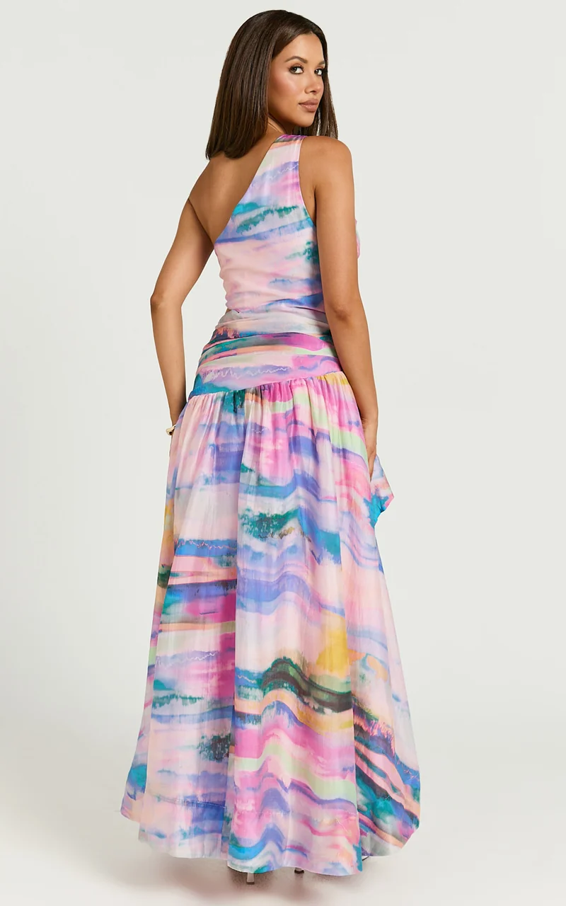 Amalie The Label - Keziah One Shoulder Asymmetric Maxi Dress in Abstract Sunset Print