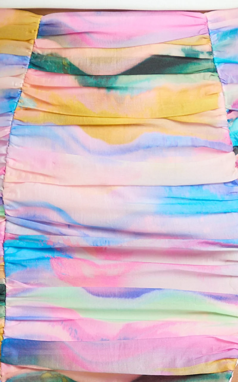 Amalie The Label - Kiama Gathered Side Slit Mini Skirt in Abstract Sunset Print