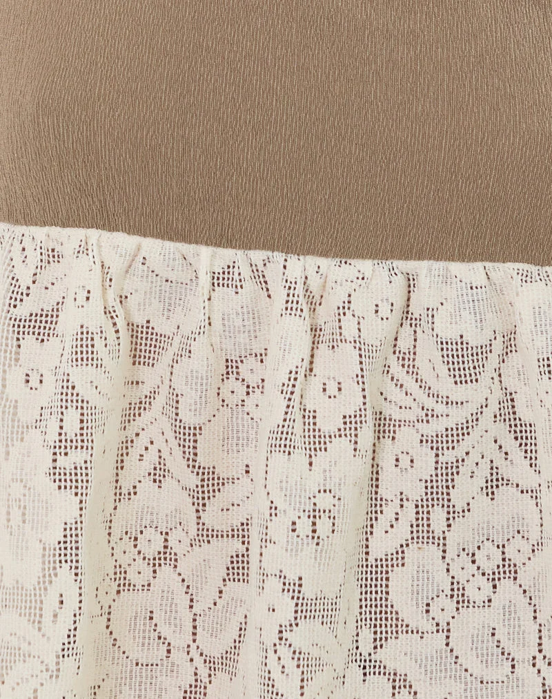 Top licou Bironita en mélange de dentelle ivoire et marron