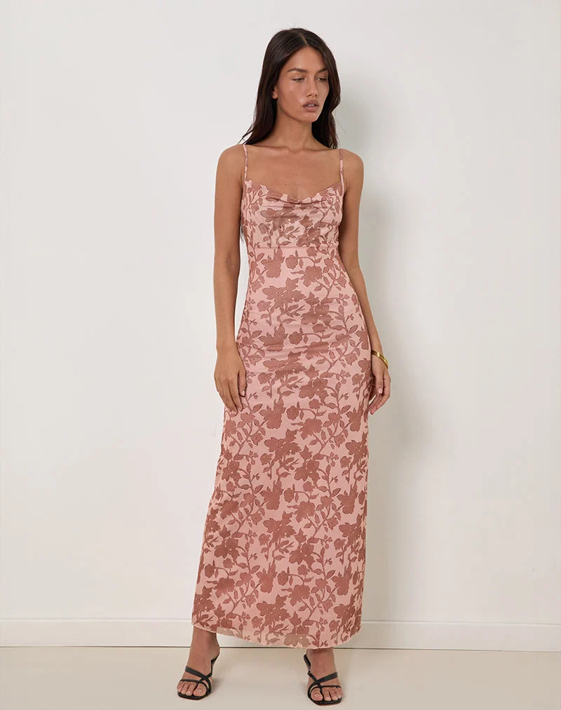 Robe longue à col bénitier Dasita, imprimé floral neutre
