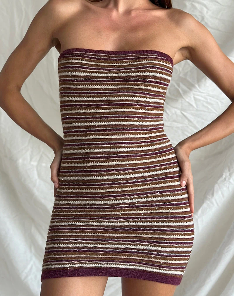 Rosbina - Mini robe bandeau en tricot à rayures chatoyantes - Rouille