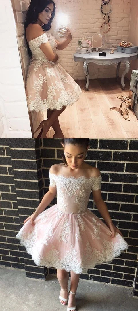 Robe de bal courte en dentelle rose à épaules dénudées | Robe de soirée courte