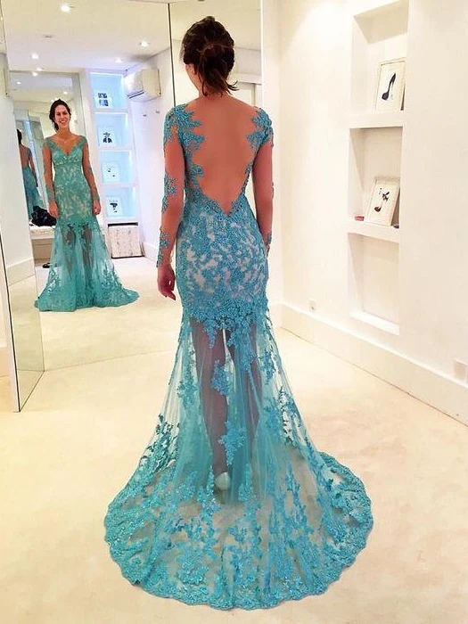 Robe de bal turquoise en dentelle, robe de bal sirène, dos nu, robe de bal, MA183