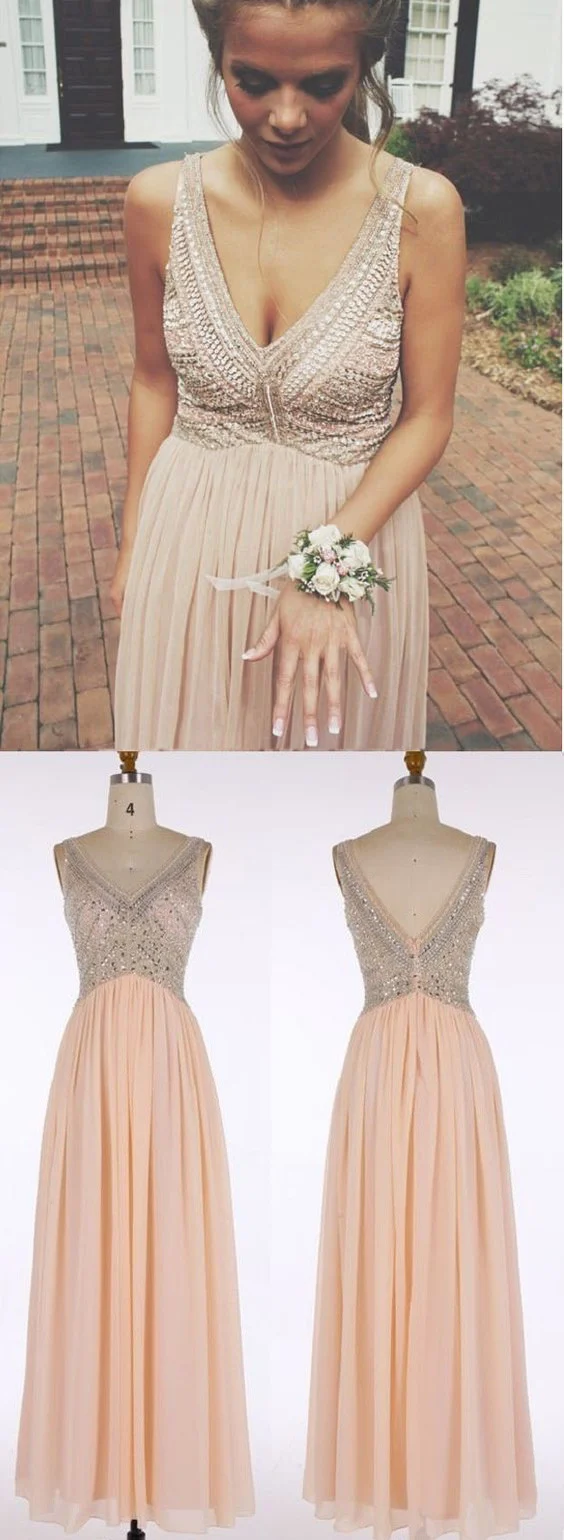 Robe de bal trapèze en mousseline de soie rose poussiéreux avec perles scintillantes