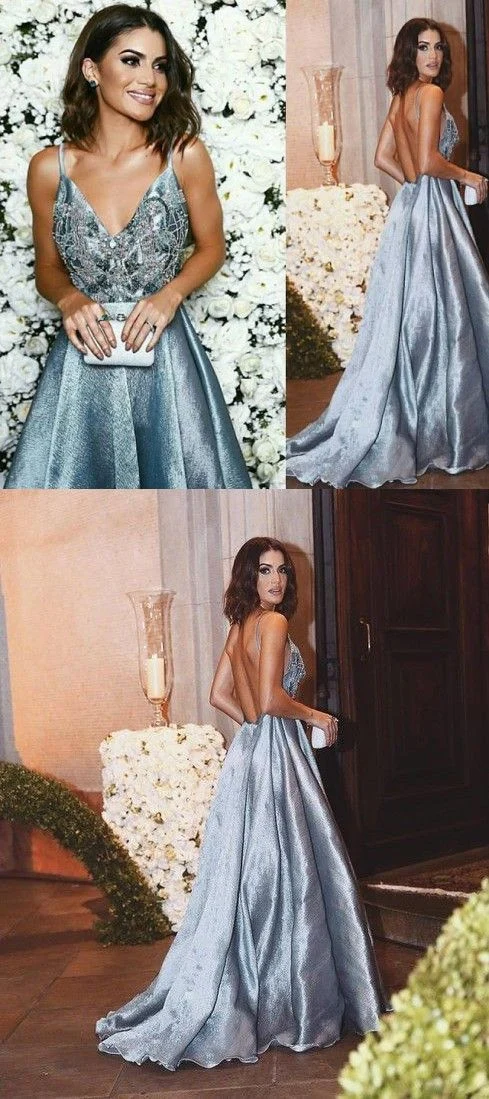 Robe de bal bleu poussiéreux dos nu avec perles et bretelles spaghetti