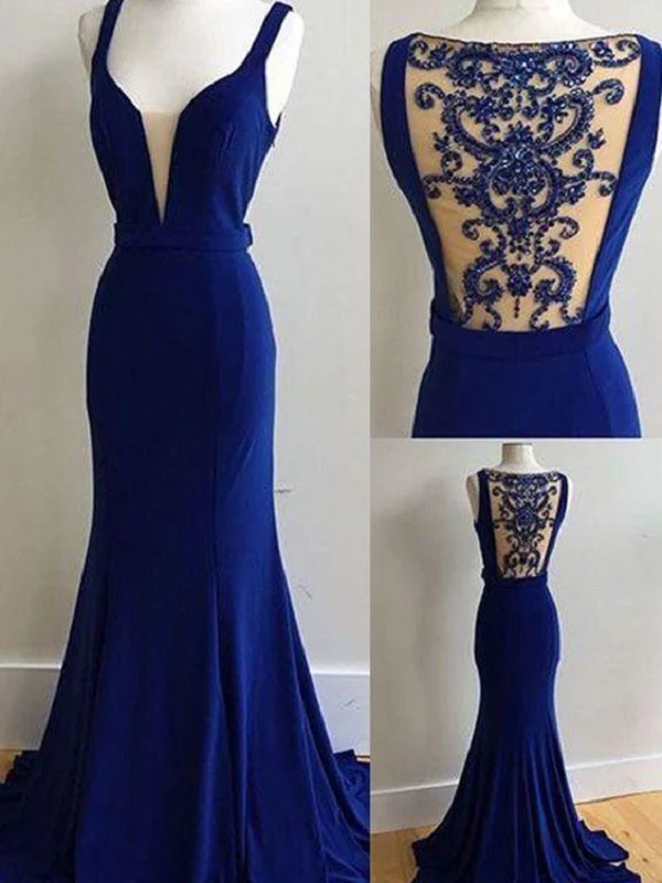 Robe de bal unique bleu royal en V profond avec train court MA175