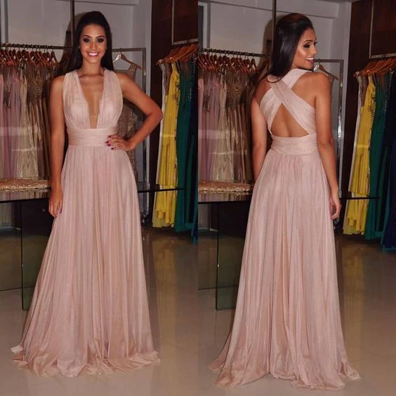 Robe de bal sexy en mousseline de soie rose poussiéreux à col en V profond