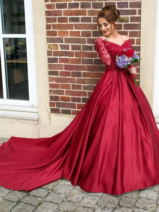 Robe de mariée robe de bal rouge à épaules dénudées en dentelle avec manches longues
