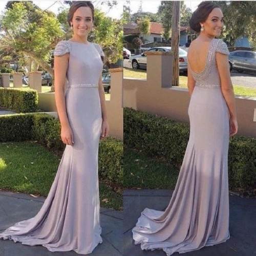Robe de bal longue modeste sirène gris argenté