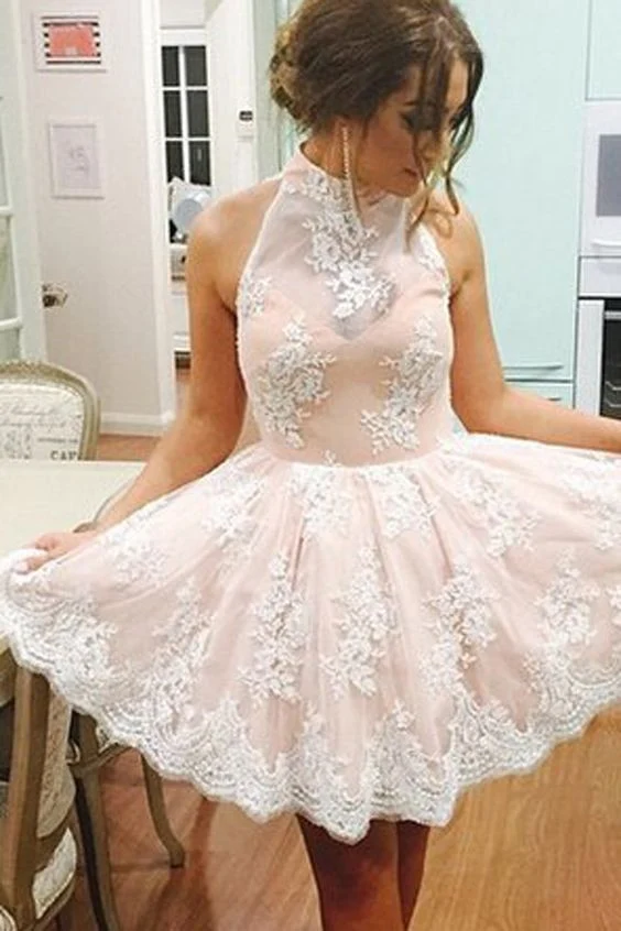 Jolie robe de bal courte en dentelle à col licou rose poussiéreux pour juniors