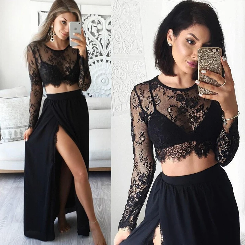 Robe formelle de remise de diplôme en mousseline de soie Boho noire deux pièces avec fente haute