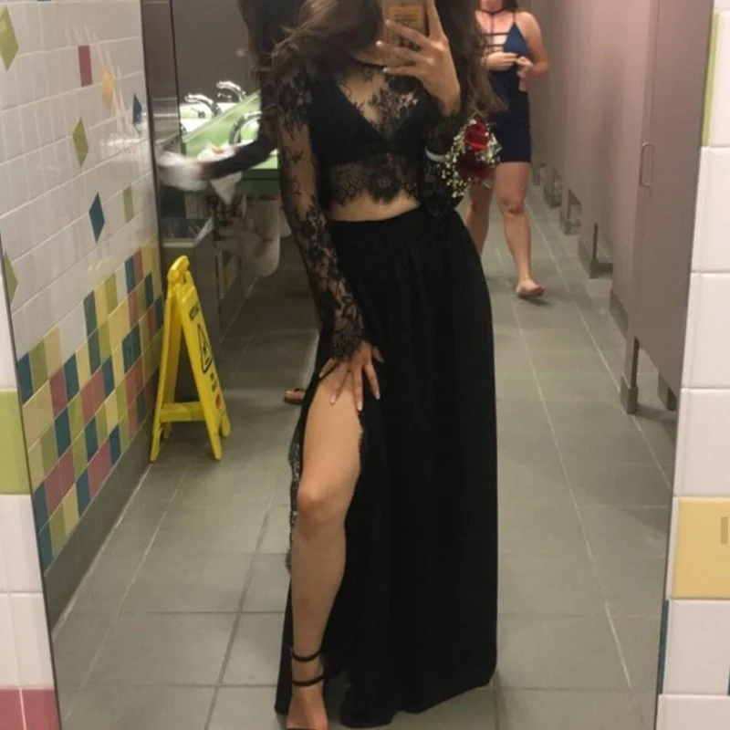 Robe formelle de remise de diplôme en mousseline de soie Boho noire deux pièces avec fente haute