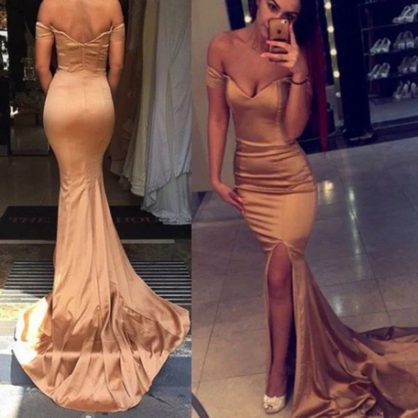Robe de bal dorée, robe de bal sirène, robe de bal à épaules dénudées, robe de bal serrée avec fente