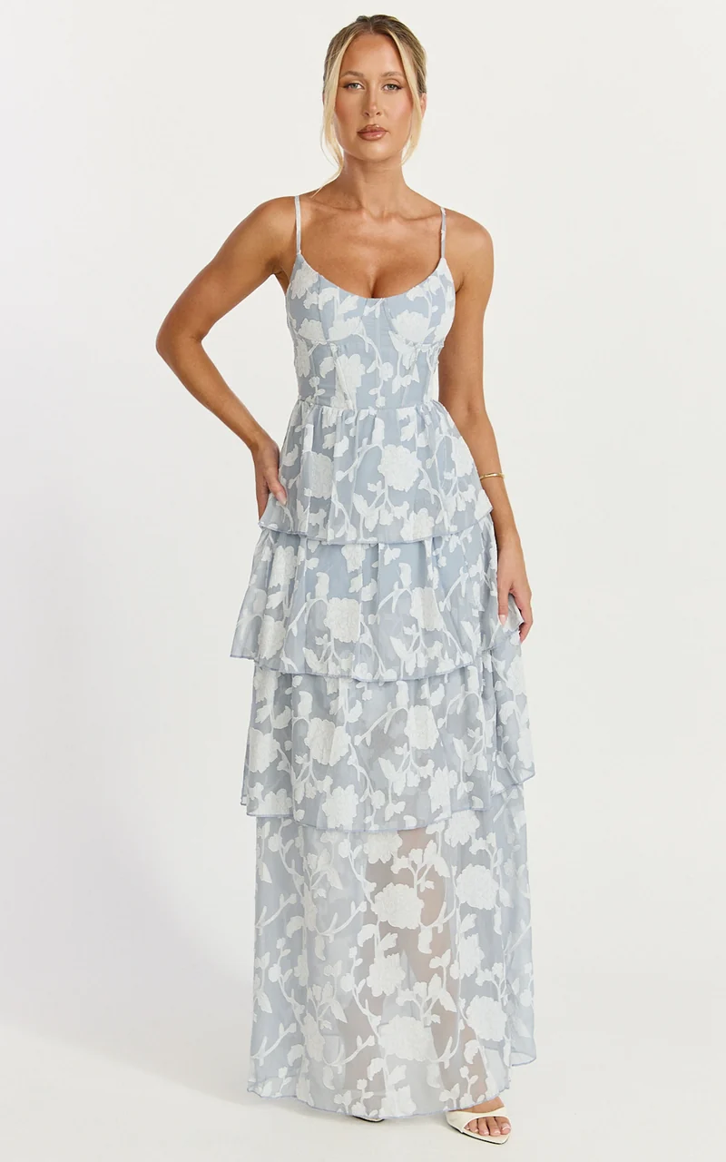 Janezkie Maxi Dress - Femme Tiered Jacquard Formal Dress in Light Blue