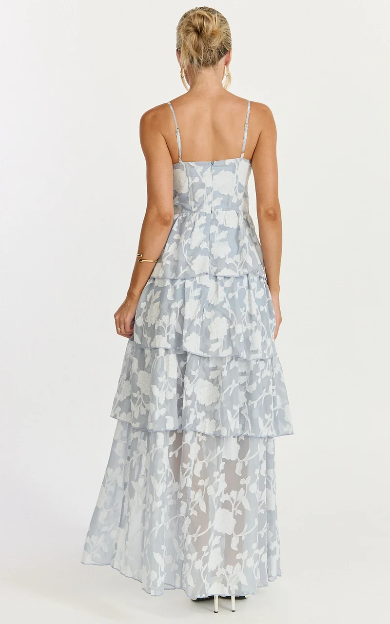 Janezkie Maxi Dress - Femme Tiered Jacquard Formal Dress in Light Blue