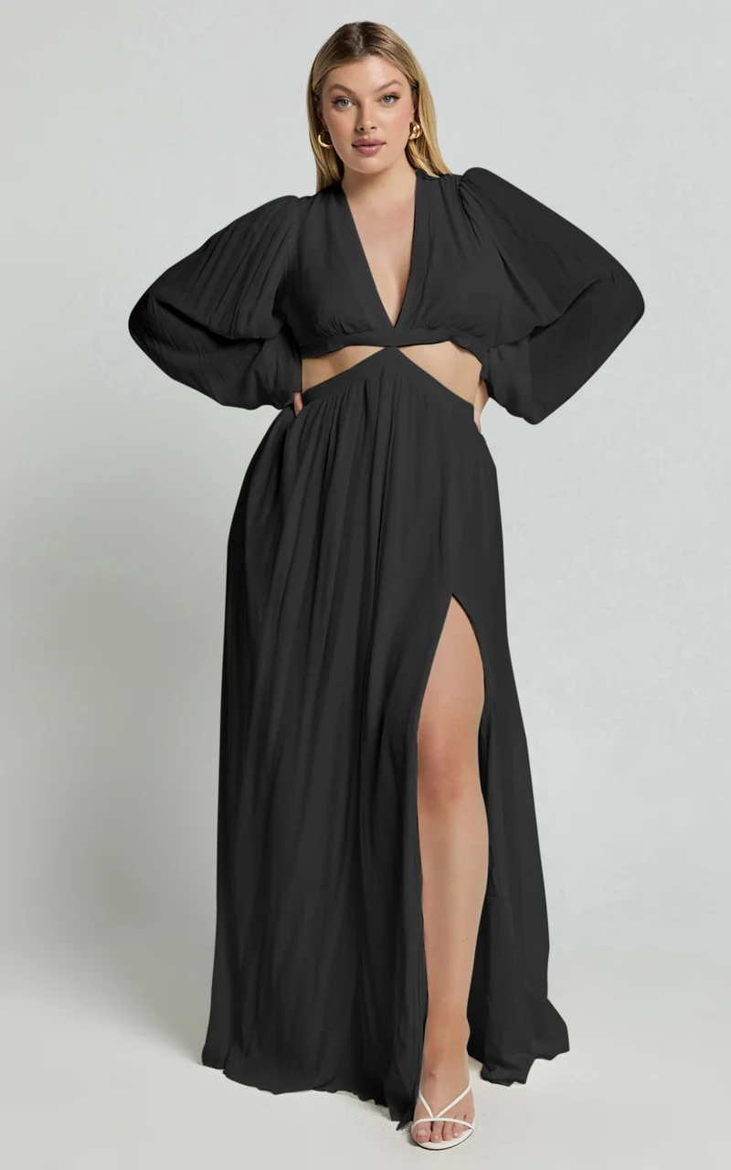 Paige Maxi Dress - Side Cut Out Balloon Sleeve Dress in Black